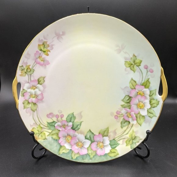 Wild Rose Cake Plate w Loves Trail Poem VTG 1941 Hand Painted Double Handle 10" - Picture 5 of 5